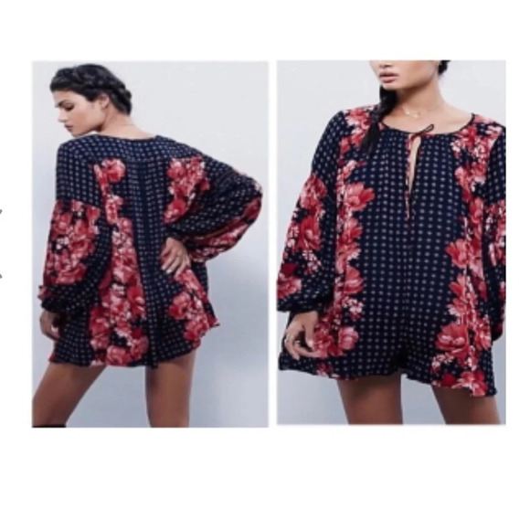 Free People Sunset Boulevard Boho Floral Oversized Romper Long Sleeve Pockets XS - Picture 1 of 16